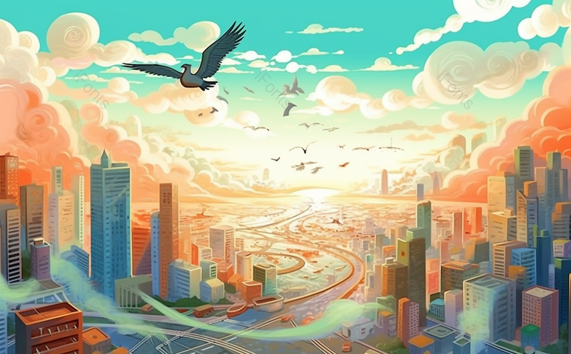 海滩浅滩现代化大厦鸟群飞翔春天夏天国潮城市插画,插画/手绘图,插画/手绘图库,插画/手绘图下载,插画/手绘